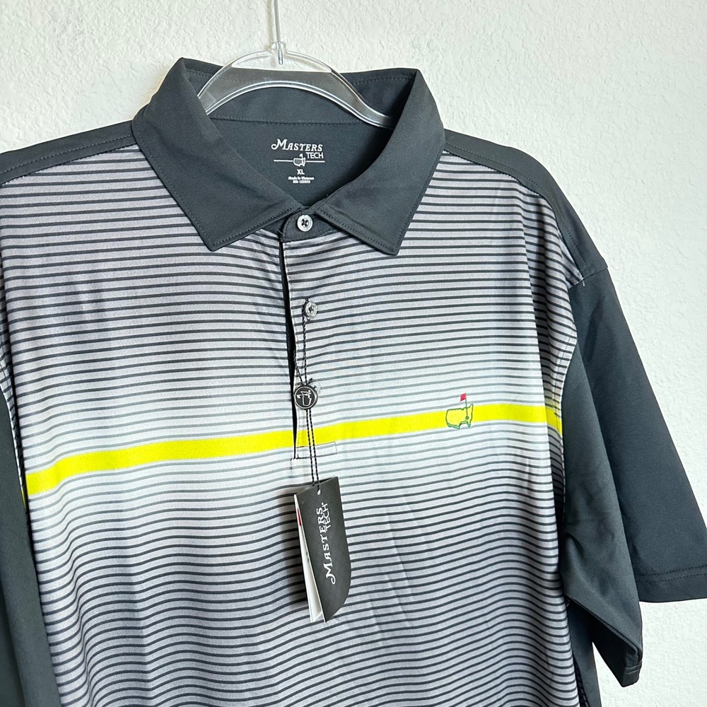Masters Tech Mens Golf Polo Shirt XL Black Striped Yellow Logo Augusta National